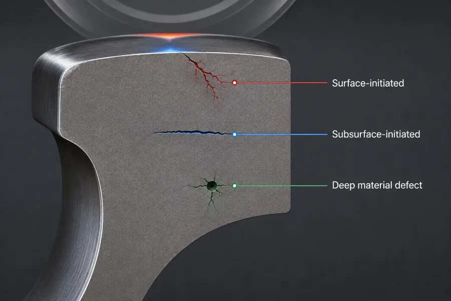 Technical cross-section diagram of a railway wheel tread showing three rolling contact fatigue crack mechanisms: surface-initiated cracks, subsurface-initiated cracks, and deep material defects.