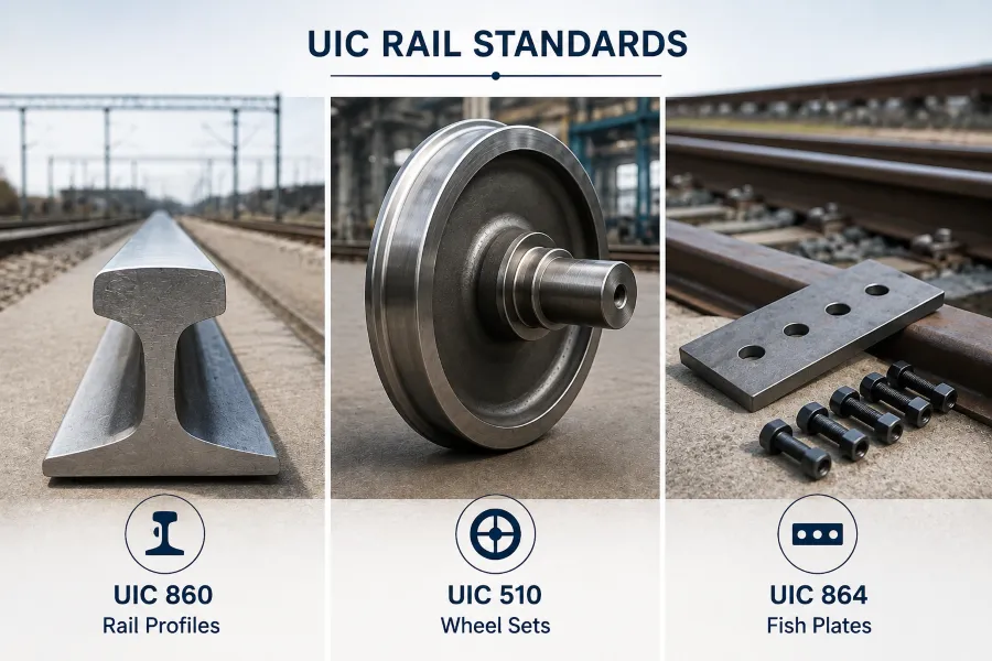 UIC rail standards for rail profiles, wheel sets and fish plates