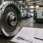 Roda ferroviária personalizada com desenho técnico em uma oficina de fabricação