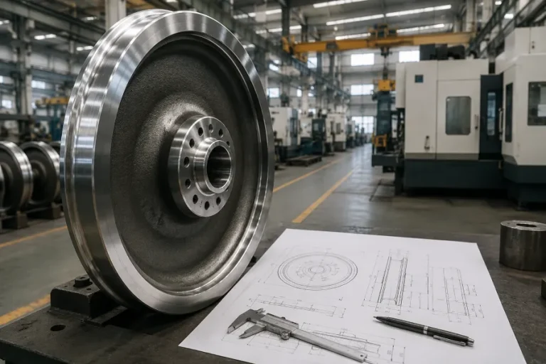 Rodas ferroviárias personalizadassoOs compradores de informações devem se preparar antes da RFQ de fabricação Custom railway wheel with technical drawing in a manufacturing workshop