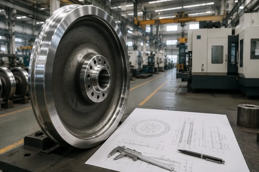 Ruedas de ferrocarril personalizadaspeInformación que los compradores deben preparar antes de la solicitud de cotización de fabricación. Custom railway wheel with technical drawing in a manufacturing workshop