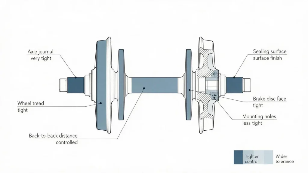 Railway wheel and axle assembly drawing showing railroad  component tolerance control zones.