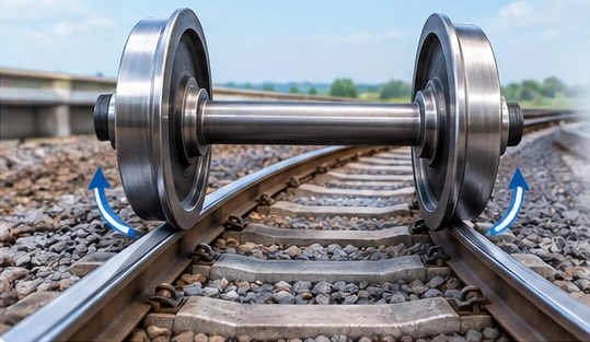 Railway wheelset running on a curved track showing how conical wheels help the wheelset negotiate curves