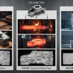 Industrial comparison showing casting vs forging, vs machining processes with their corresponding microscopic grain structures.