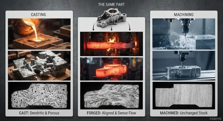 Industrial comparison showing casting vs forging, vs machining processes with their corresponding microscopic grain structures.