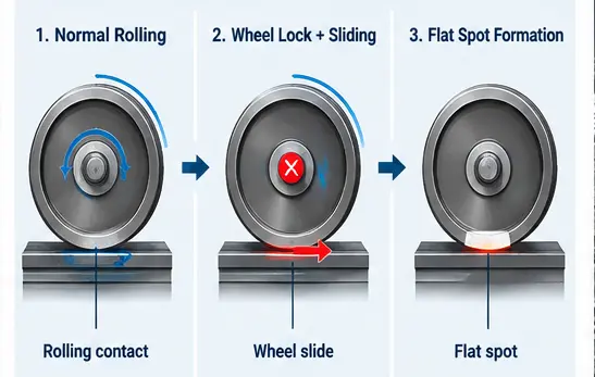 Railway Wheel Flat Spots Explained 2 Three-step diagram showing normal rolling, wheel lock and sliding, and flat spot formation