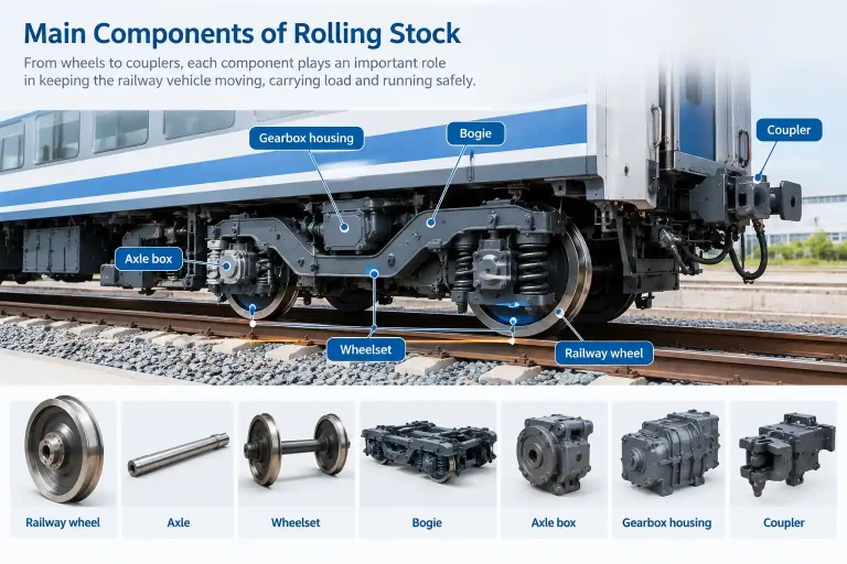 Main rolling stock components including railway wheels, axles, wheelsets, bogies, axle boxes, gearbox housings and couplers