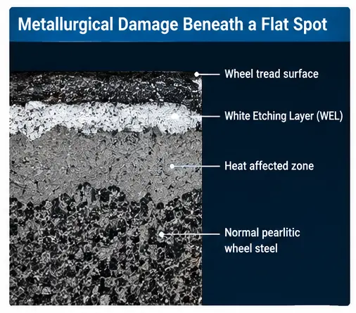 Railway Wheel Flat Spots Explained 3 Cross-section showing the white etching layer, heat-affected zone and normal wheel steel beneath a flat spot