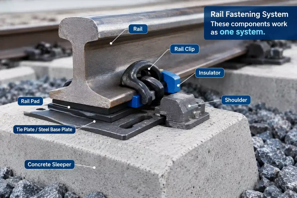 Rail Fastening System Components: How All Parts Work Together 1 Rail Fastening System Components showing rail, rail clip, insulator, rail pad, tie plate, shoulder, and concrete sleeper
