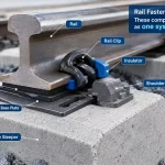 Rail Fastening System Components showing rail, rail clip, insulator, rail pad, tie plate, shoulder, and concrete sleeper