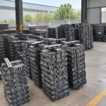 Rail fish plates stacked in a railway component factory