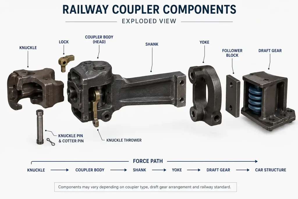 Railway Coupler Components Explained: Knuckle, Yoke, Shank and Draft Gear 1 Railway coupler components including knuckle, coupler body, shank, yoke, follower block and draft gear