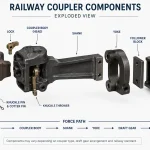 Railway coupler components including knuckle, coupler body, shank, yoke, follower block and draft gear