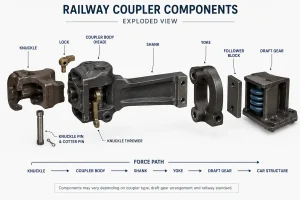 Railway coupler components including knuckle, coupler body, shank, yoke, follower block and draft gear