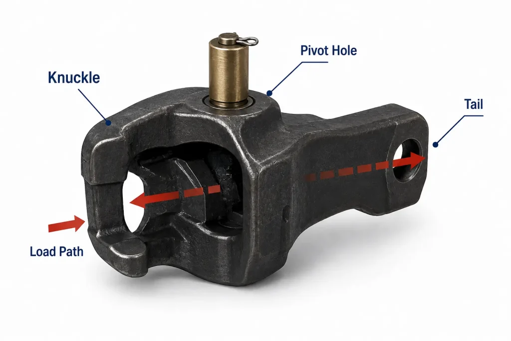 Railway Coupler Components Explained: Knuckle, Yoke, Shank and Draft Gear 2 Railway coupler knuckle showing the pivot hole, tail and load path