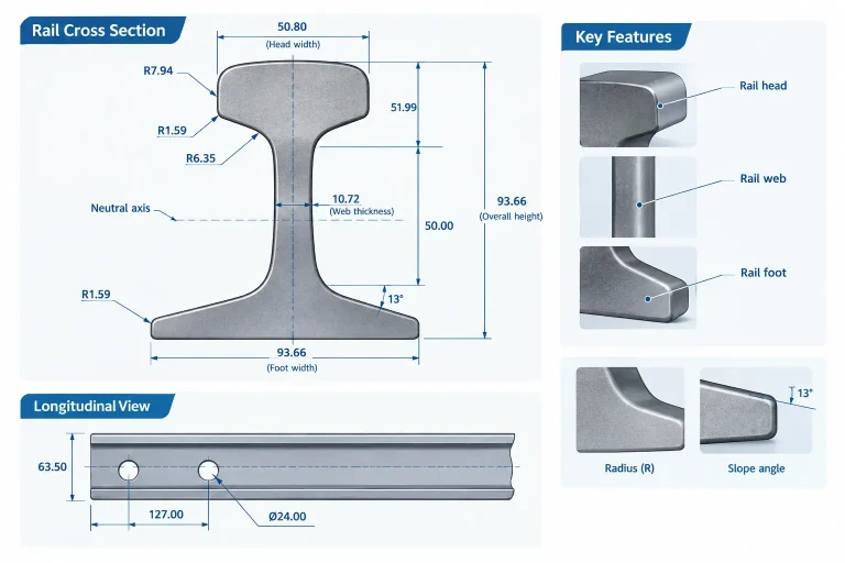 How to Read a Railway Rail Drawing: Cross-Section, Dimensions and Key Parameters 1 Railway rail drawing with cross-section, rail head, web, foot and key dimensions