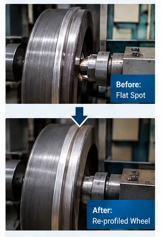 Railway Wheel Flat Spots Explained 5 Railway wheel being machined on a wheelset lathe to remove a flat spot