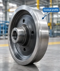 Railway wheel showing the conical tread profile used on railway vehicles