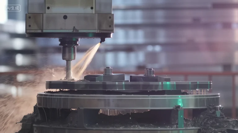 CNC machining process with cutting tool and coolant on a metal component