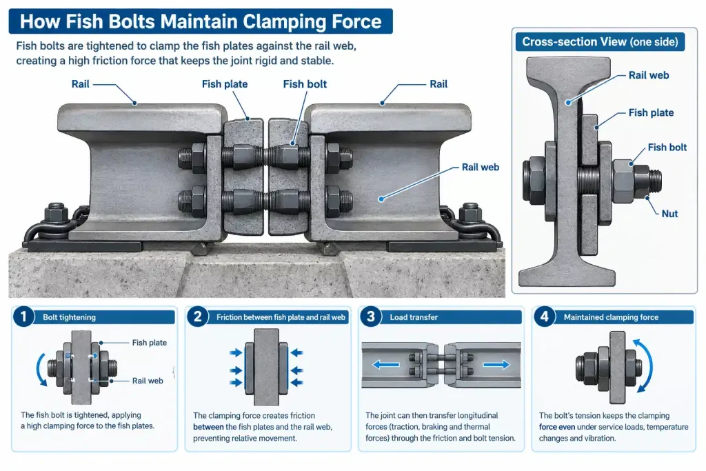 Why Do Fish Bolts Loosen? Causes and Prevention 2 Technical illustration showing how fish bolts clamp fish plates against the rail web to maintain clamping force, prevent joint movement, and transfer loads in a railway rail joint.