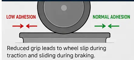 Railway Tracks: Why Do Leaves Cause Low Adhesion? 3 Close-up technical illustration of a railway wheel contacting a railhead covered by a thin leaf contamination film.