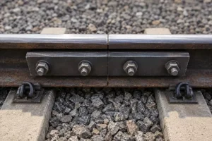 Fish bolts and fish plates securing a joint between two railway rails.