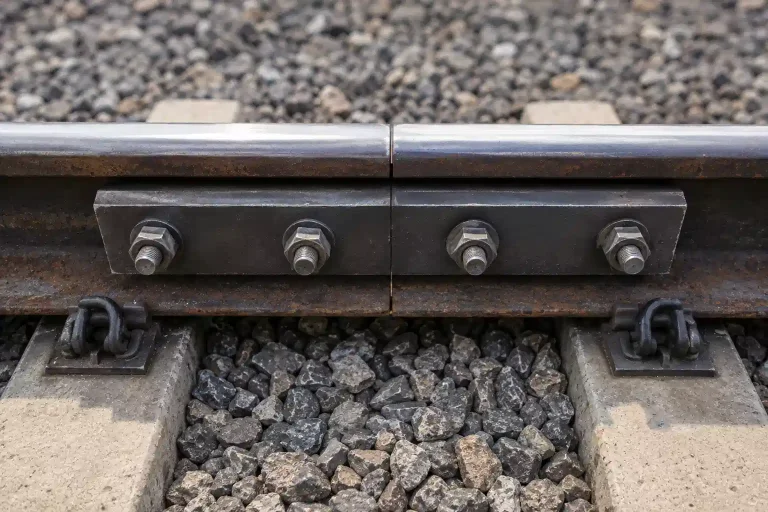 Why Do Fish Bolts Loosen? Causes and Prevention 3 Fish bolts and fish plates securing a joint between two railway rails.