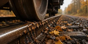 A railway wheel rolling over fallen autumn leaves on the railhead of Railway Tracks
