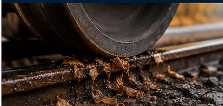 Railway Tracks: Why Do Leaves Cause Low Adhesion? 2 Train wheels crushing fallen leaves on the railway track under high contact pressure between the wheel and rail.