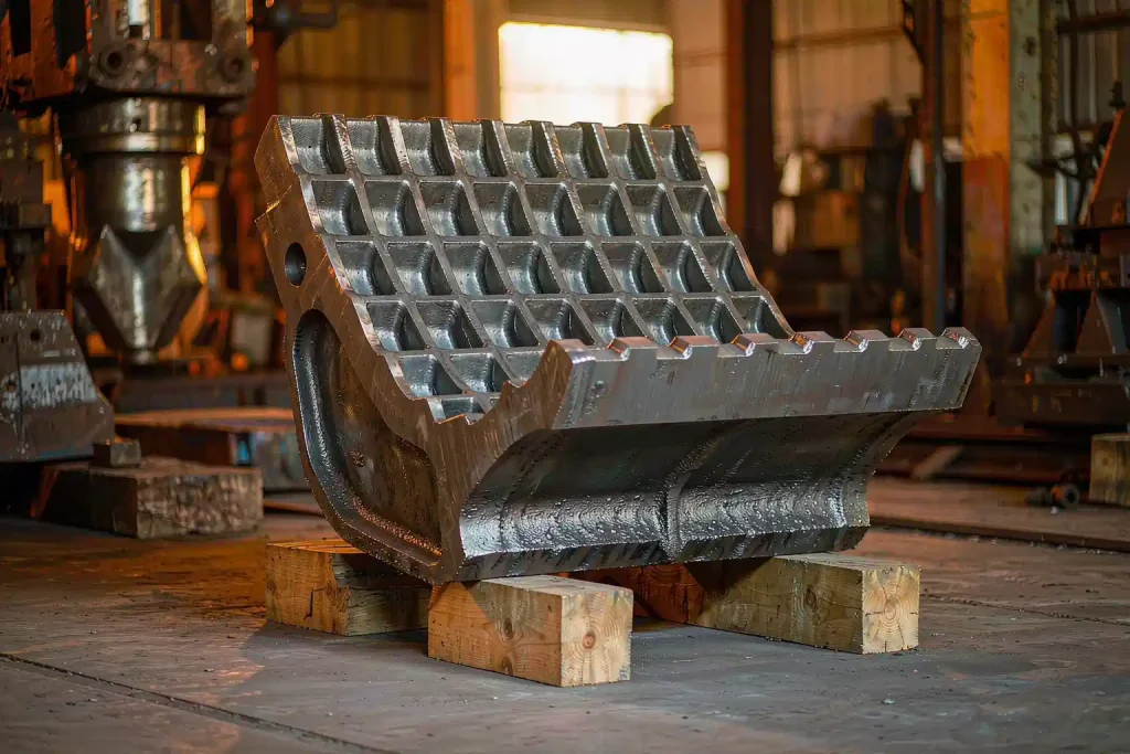 High Manganese Steel Castings for Mining Wear Parts: A Buyer's Guide 1 High manganese steel jaw plate casting with ribbed crushing face resting on wooden blocks in a foundry