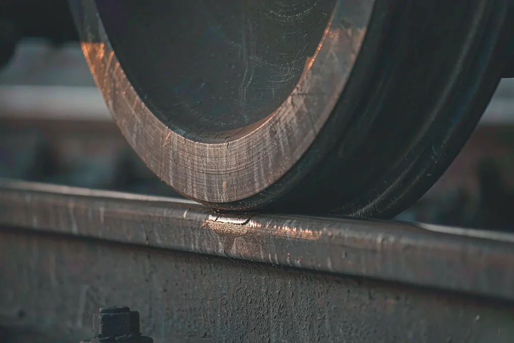 What Determines the Service Life of a Railway Component? 1 Close-up of a steel railway wheel rolling on a worn steel rail, showing contact surface wear and fatigue at the wheel-rail interface